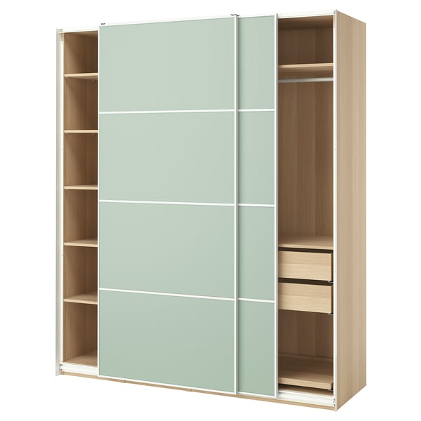 PAX / MEHAMN - Wardrobe with sliding doors, oak-effect with white stain/double-face light green,200x66x236 cm