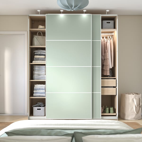 PAX / MEHAMN - Wardrobe with sliding doors, oak-effect with white stain/double-face light green,200x66x236 cm