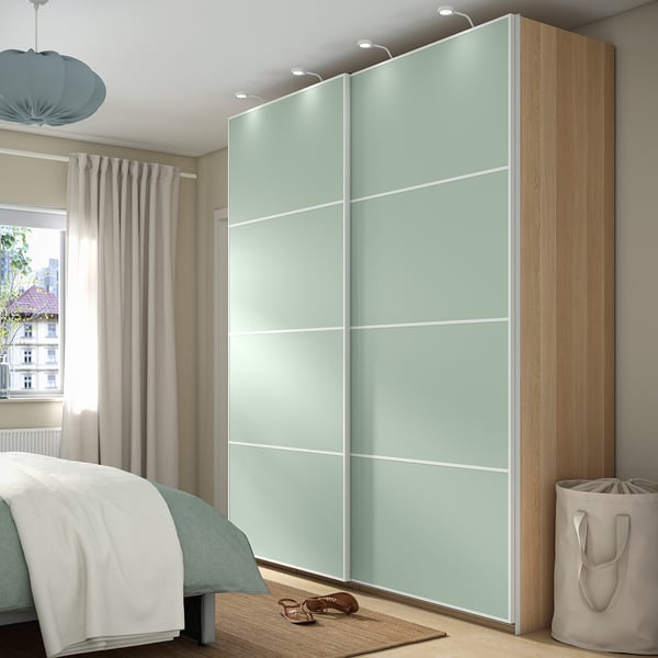 PAX / MEHAMN - Wardrobe with sliding doors, oak-effect with white stain/double-face light green,200x66x236 cm