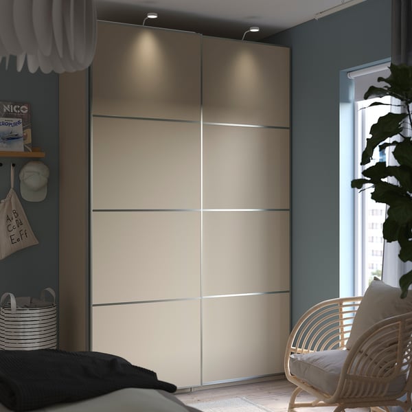 PAX / MEHAMN wardrobe with sliding doors, grey-beige/double sided grey-beige, 150x66x236 cm