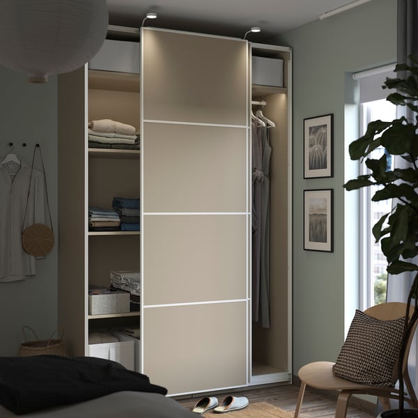 PAX / MEHAMN wardrobe with sliding doors, grey-beige/double sided grey-beige, 150x66x236 cm