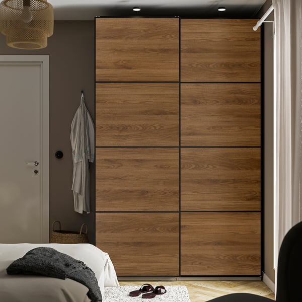 PAX / MEHAMN wardrobe with sliding doors, grey-beige black/double sided walnut, 150x66x236 cm