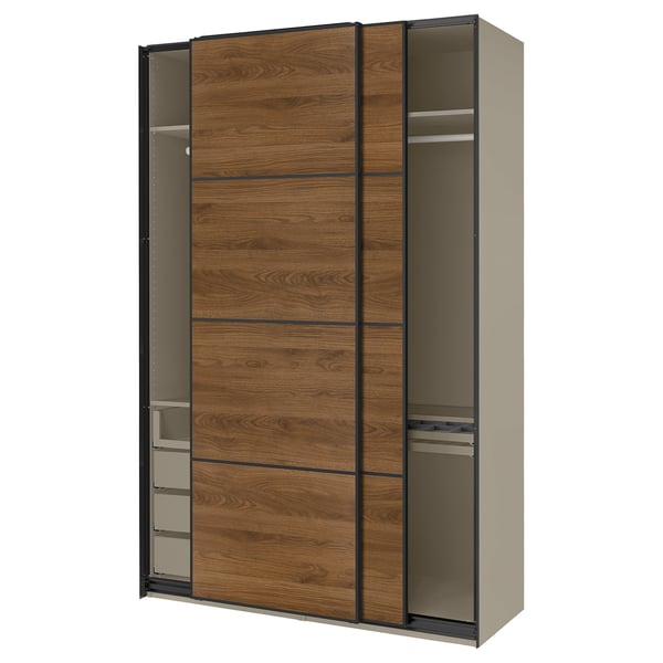 PAX / MEHAMN wardrobe with sliding doors, gray-beige black/double-face walnut, 150x66x236 cm