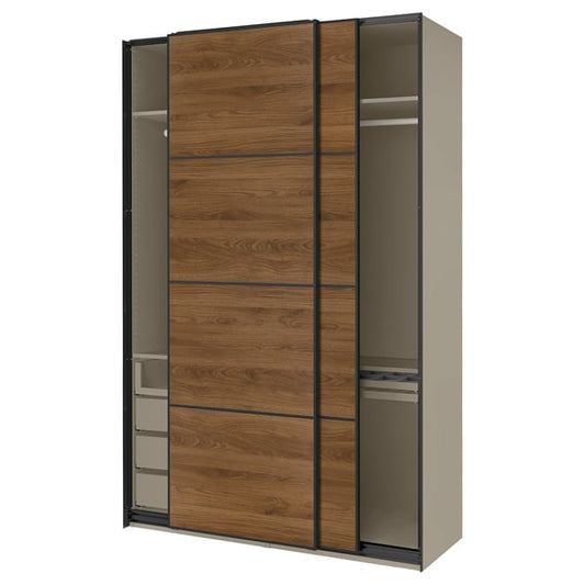 PAX / MEHAMN wardrobe with sliding doors, gray-beige black/double-face walnut, 150x66x236 cm