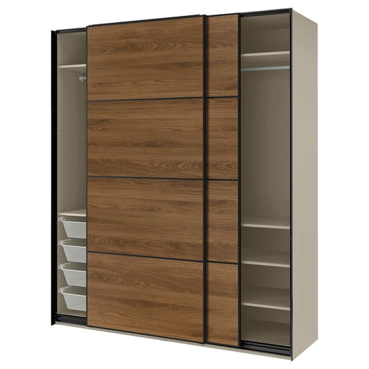 PAX / MEHAMN wardrobe with sliding doors, gray-beige black/double-face walnut, 200x66x236 cm