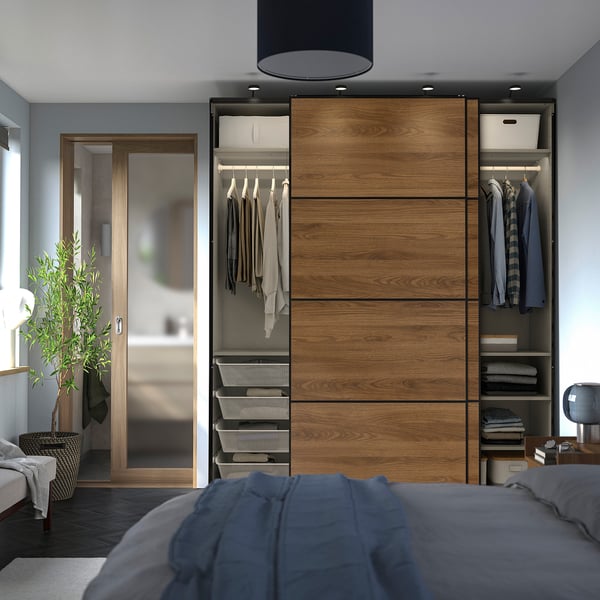 PAX / MEHAMN wardrobe with sliding doors, gray-beige black/double-face walnut, 200x66x236 cm
