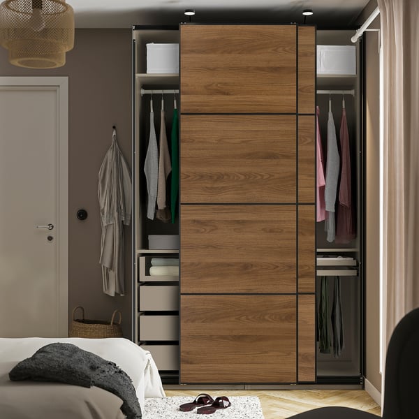 PAX / MEHAMN wardrobe with sliding doors, gray-beige black/double-face walnut, 150x66x236 cm