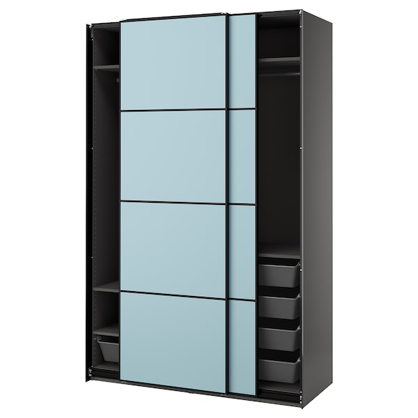 PAX / MEHAMN - Wardrobe with sliding doors, dark grey/double-face light blue,150x66x236 cm