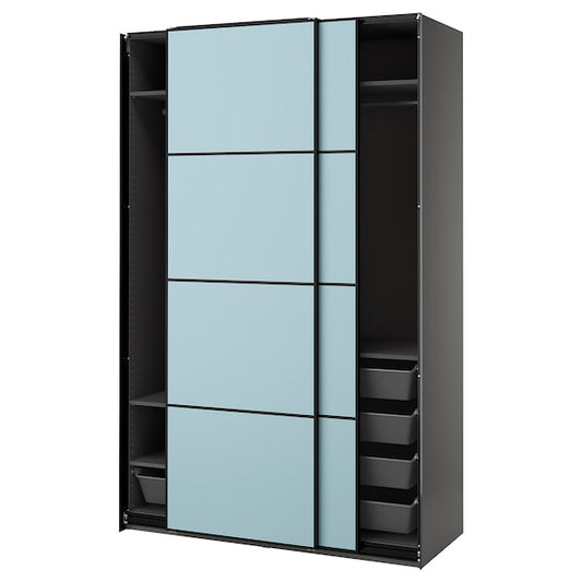 PAX / MEHAMN - Wardrobe with sliding doors, dark grey/double-face light blue,150x66x236 cm