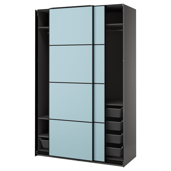 PAX / MEHAMN - Wardrobe with sliding doors, dark grey/double-face light blue,150x66x236 cm