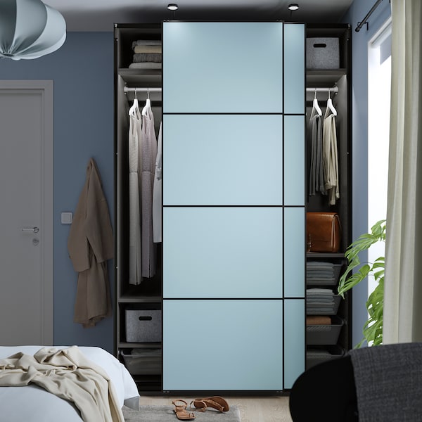 PAX / MEHAMN - Wardrobe with sliding doors, dark grey/double-face light blue,150x66x236 cm