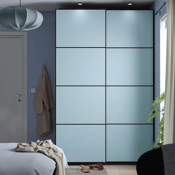 PAX / MEHAMN - Wardrobe with sliding doors, dark grey/double-face light blue,150x66x236 cm