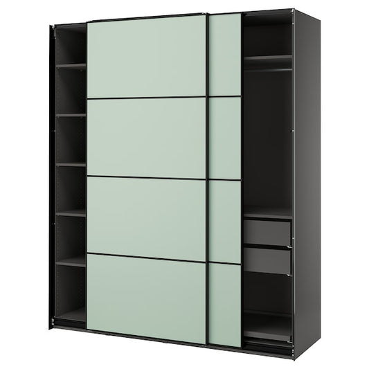 PAX / MEHAMN - Wardrobe with sliding doors, dark grey/double-face light green,200x66x236 cm