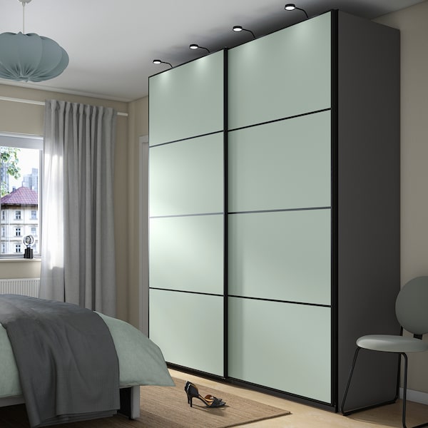 PAX / MEHAMN - Wardrobe with sliding doors, dark grey/double-face light green,200x66x236 cm