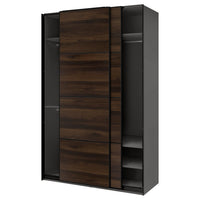 PAX / MEHAMN wardrobe with sliding doors, dark grey black/double sided dark brown oak effect, 150x66x236 cm