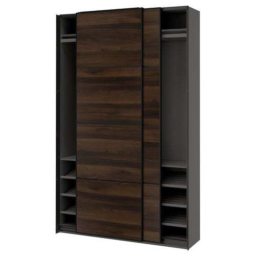 PAX / MEHAMN wardrobe with sliding doors, dark grey black/double sided dark brown oak effect, 150x236.4x43 cm