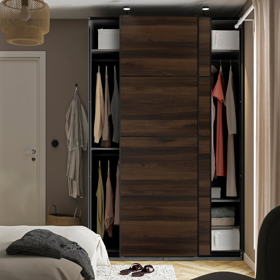 PAX / MEHAMN wardrobe with sliding doors, dark grey black/double sided dark brown oak effect, 150x66x236 cm