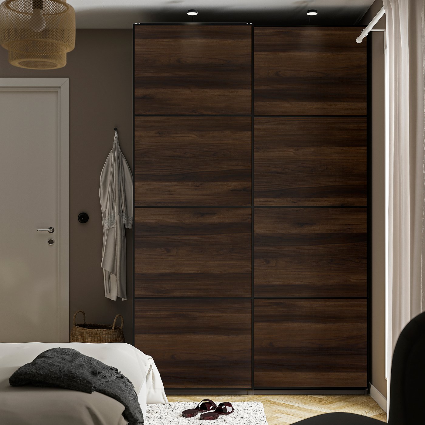 PAX / MEHAMN wardrobe with sliding doors, dark grey black/double sided dark brown oak effect, 150x66x236 cm