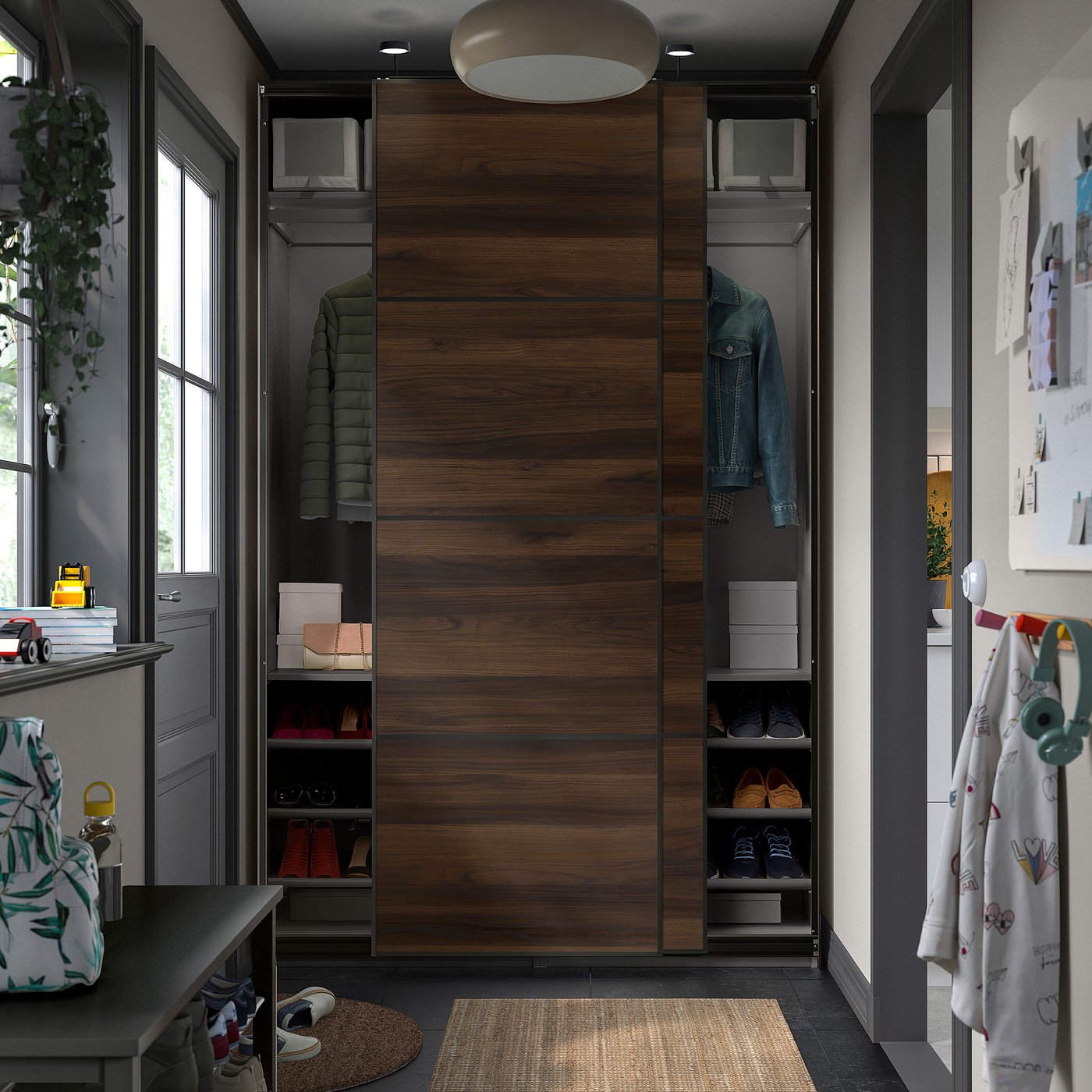 PAX / MEHAMN wardrobe with sliding doors, dark grey black/double sided dark brown oak effect, 150x236.4x43 cm
