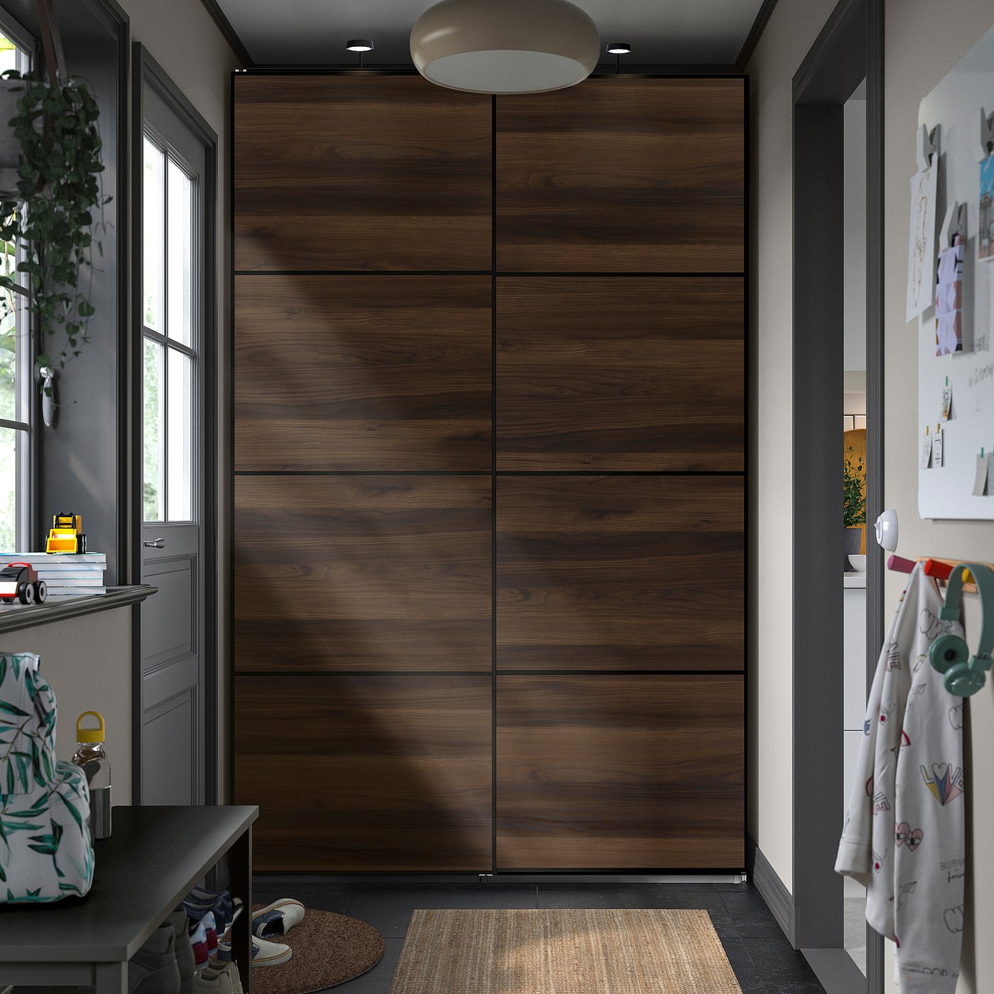 PAX / MEHAMN wardrobe with sliding doors, dark grey black/double sided dark brown oak effect, 150x236.4x43 cm