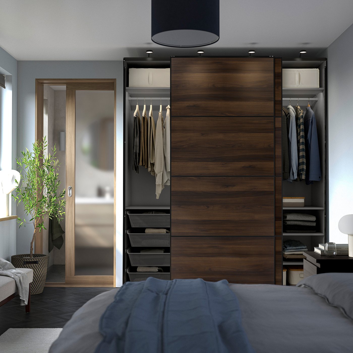 PAX / MEHAMN wardrobe with sliding doors, dark grey black/double sided dark brown oak effect, 200x66x236 cm