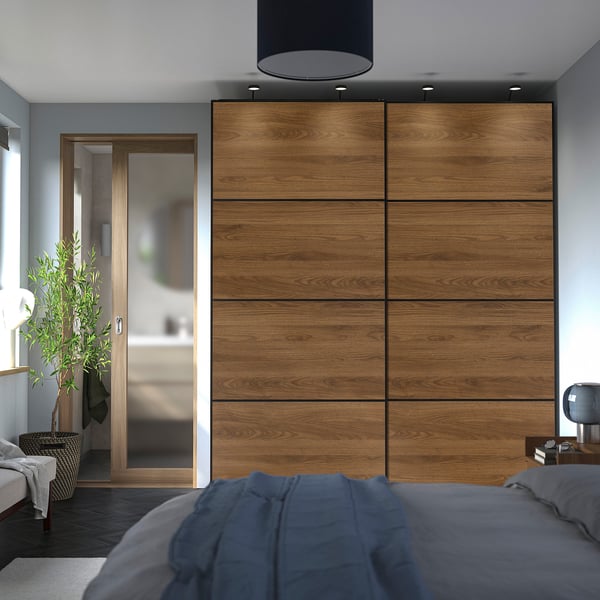 PAX / MEHAMN wardrobe with sliding doors, dark grey black/double sided walnut, 200x66x236 cm