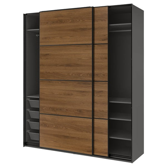 PAX / MEHAMN wardrobe with sliding doors, dark gray black/double-face walnut, 200x66x236 cm