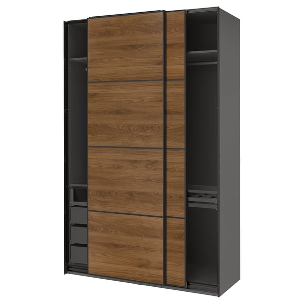 PAX / MEHAMN wardrobe with sliding doors, dark gray black/double-face walnut, 150x66x236 cm