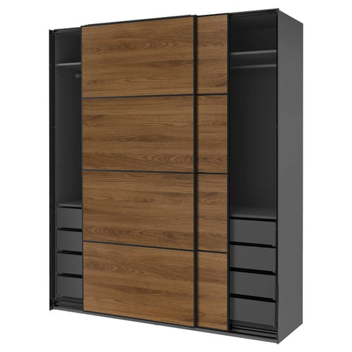 PAX / MEHAMN wardrobe with sliding doors, dark grey black/double sided walnut, 200x66x236 cm