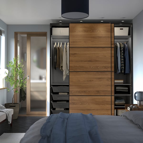 PAX / MEHAMN wardrobe with sliding doors, dark gray black/double-face walnut, 200x66x236 cm