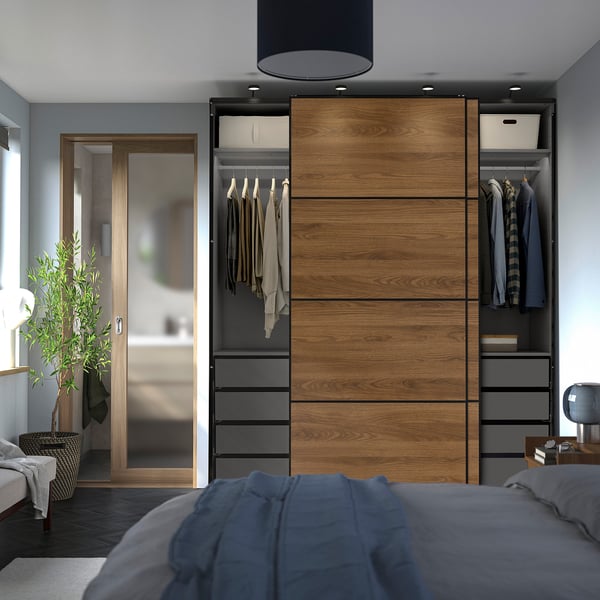 PAX / MEHAMN wardrobe with sliding doors, dark gray black/double-face walnut, 200x66x236 cm