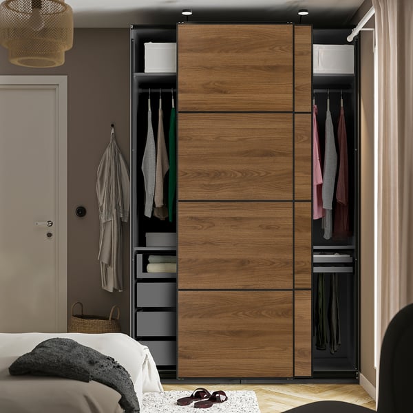 PAX / MEHAMN wardrobe with sliding doors, dark gray black/double-face walnut, 150x66x236 cm