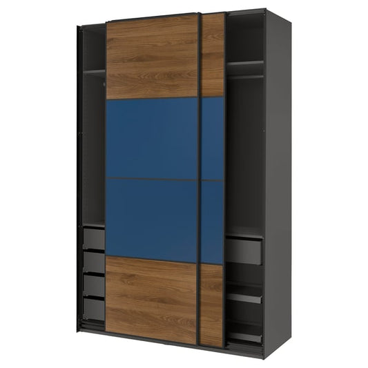 PAX / MEHAMN wardrobe with sliding doors, dark gray black/walnut blue, 150x66x236 cm