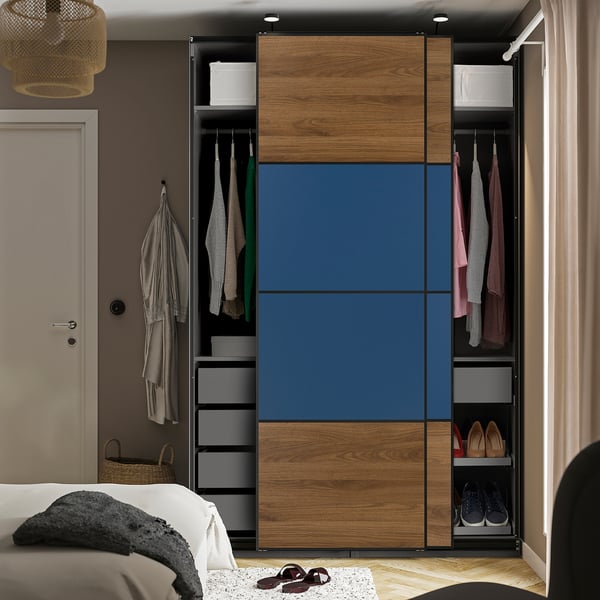 PAX / MEHAMN wardrobe with sliding doors, dark gray black/walnut blue, 150x66x236 cm