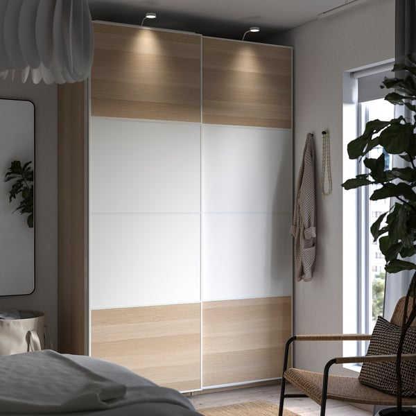 PAX / MEHAMN wardrobe, white stained oak effect double sided/white white stained oak effect, 150x66x236 cm