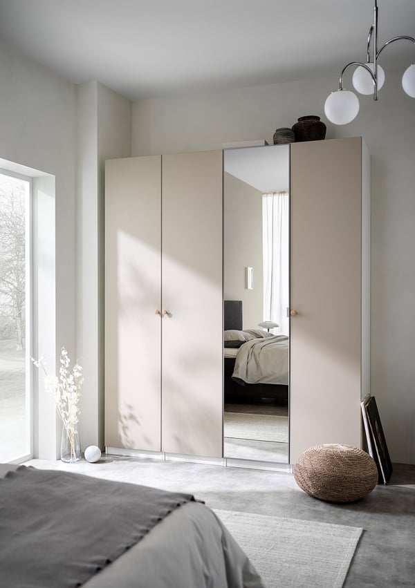 PAX / REINSVOLL/ÅHEIM wardrobe combination, white/grey-beige mirror glass, 200x60x236 cm