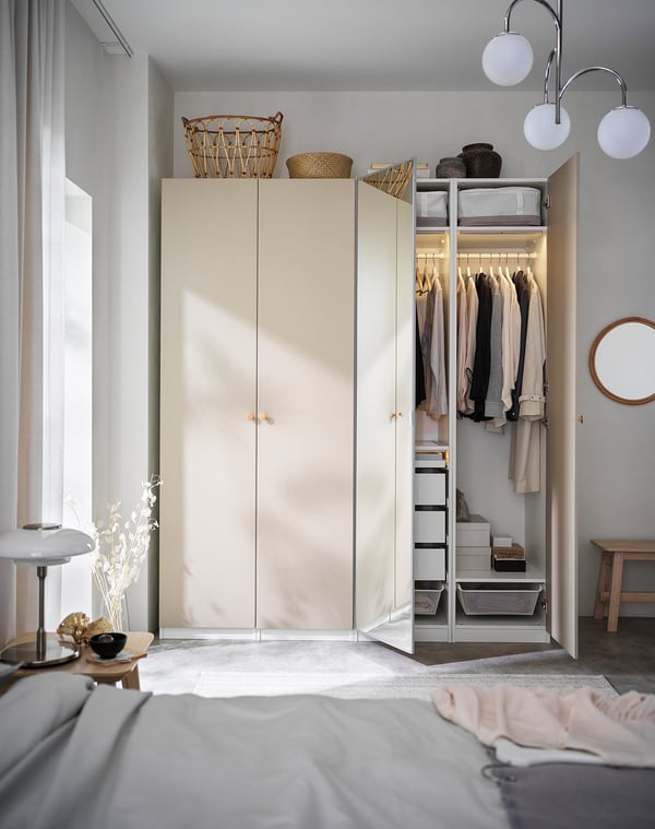 PAX / REINSVOLL/ÅHEIM wardrobe combination, white/grey-beige mirror glass, 200x60x236 cm