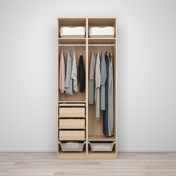 PAX / REINSVOLL wardrobe combination, white stained oak effect/grey-green, 100x60x236 cm