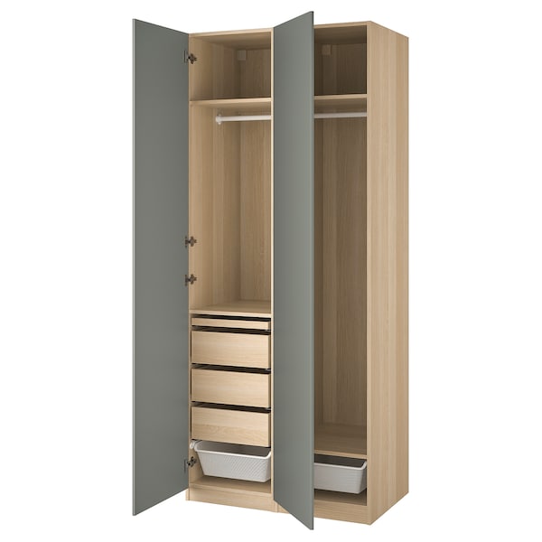 PAX / REINSVOLL - Wardrobe combination, oak effect with white/grey-green stain,100x60x236 cm