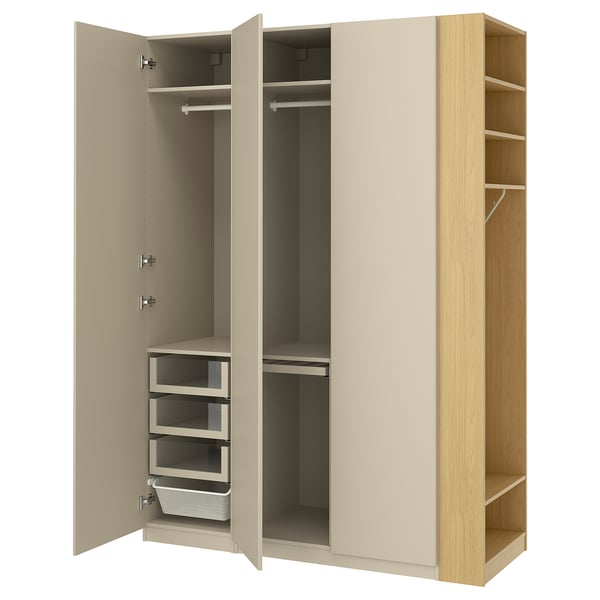 PAX / REINSVOLL wardrobe combination, gray-beige gray-beige/ oak effect, 170x60x236 cm Wardrobe combination, gray-beige gray-beige/ oak effect,170x60x236 cm