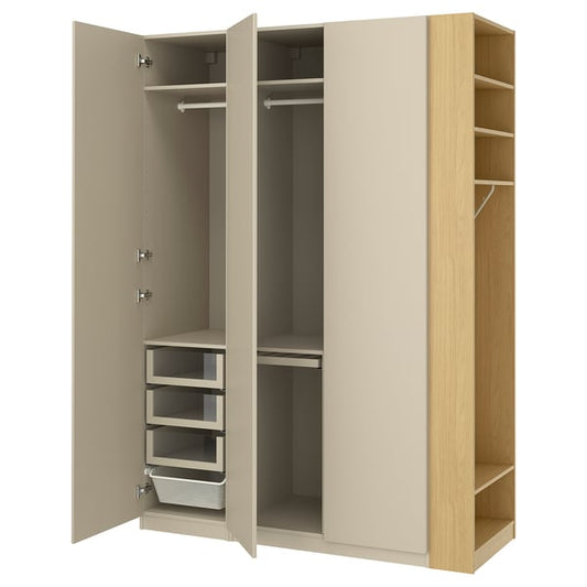 PAX / REINSVOLL wardrobe combination, gray-beige gray-beige/ oak effect, 170x60x236 cm Wardrobe combination, gray-beige gray-beige/ oak effect,170x60x236 cm
