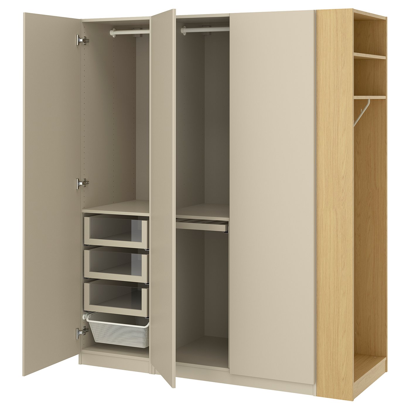 PAX / REINSVOLL wardrobe combination, grey-beige grey-beige/oak effect, 170x60x201 cm