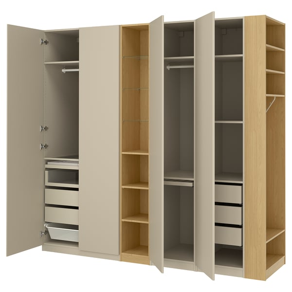 PAX / REINSVOLL wardrobe combination, gray-beige gray-beige/ oak effect, 255x60x236 cm Wardrobe combination, gray-beige gray-beige/ oak effect,255x60x236 cm