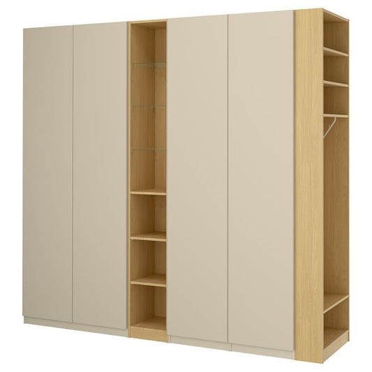 PAX / REINSVOLL wardrobe combination, gray-beige gray-beige/ oak effect, 255x60x236 cm Wardrobe combination, gray-beige gray-beige/ oak effect,255x60x236 cm