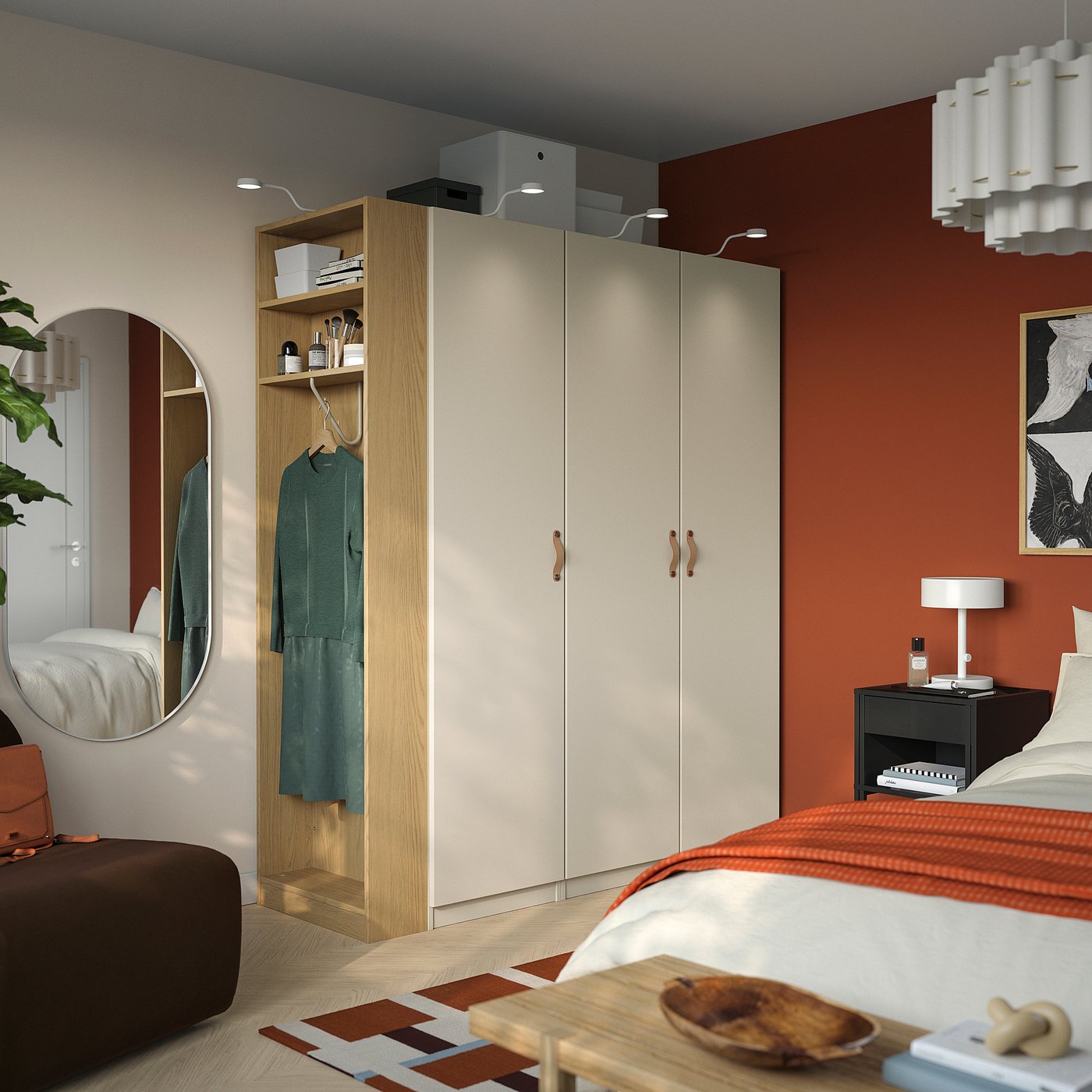PAX / REINSVOLL wardrobe combination, grey-beige grey-beige/oak effect, 170x60x201 cm