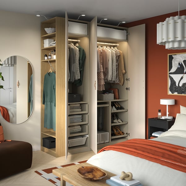 PAX / REINSVOLL wardrobe combination, gray-beige gray-beige/ oak effect, 170x60x236 cm Wardrobe combination, gray-beige gray-beige/ oak effect,170x60x236 cm
