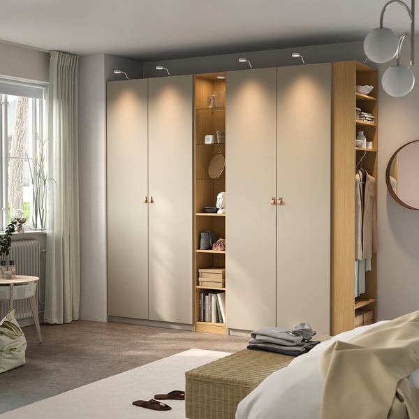 PAX / REINSVOLL wardrobe combination, gray-beige gray-beige/ oak effect, 255x60x236 cm Wardrobe combination, gray-beige gray-beige/ oak effect,255x60x236 cm