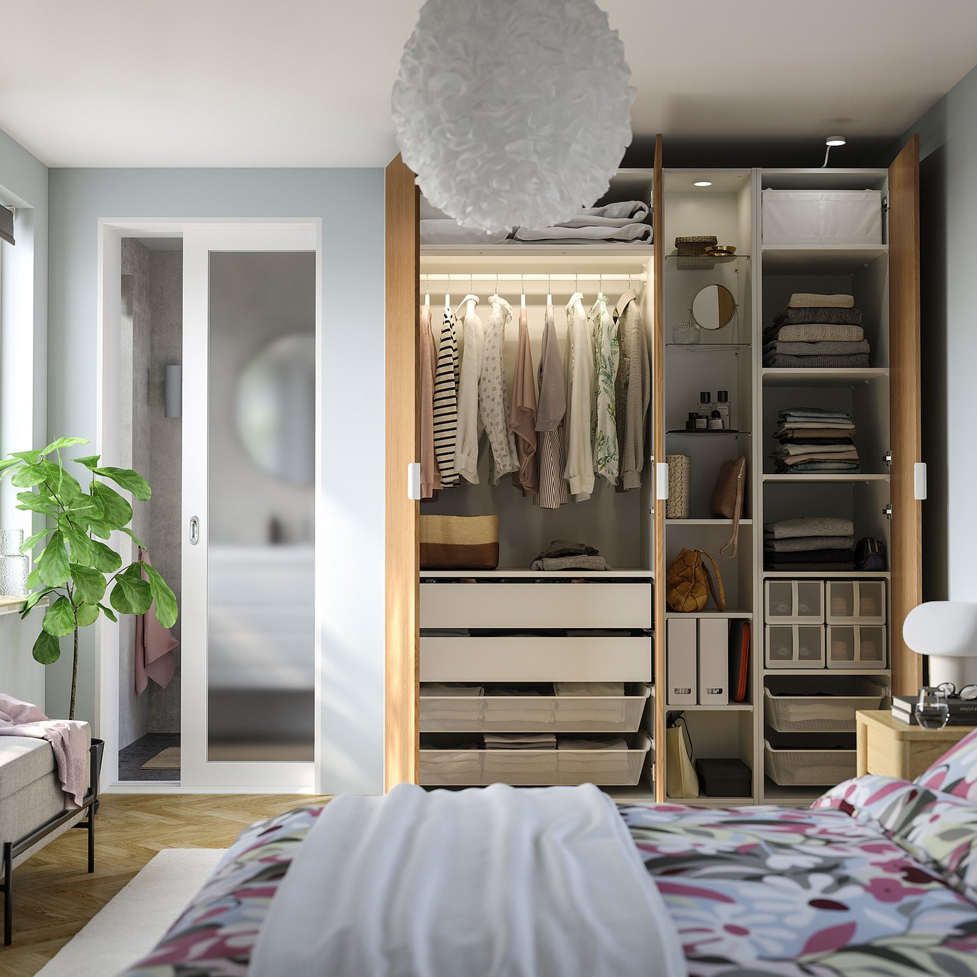 PAX / STORKLINTA wardrobe combination, white oak effect/white, 185.0x236.4x60.0 cm