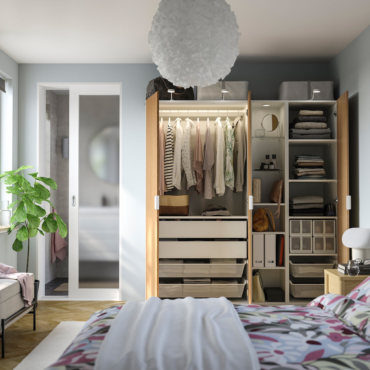 PAX / STORKLINTA wardrobe combination, white oak effect/white, 185x60x201 cm