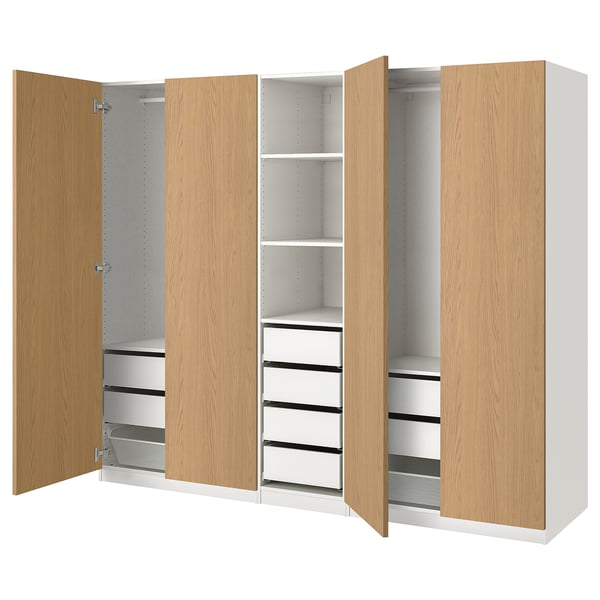 PAX / STORKLINTA wardrobe combination, white/oak effect, 250x60x201 cm